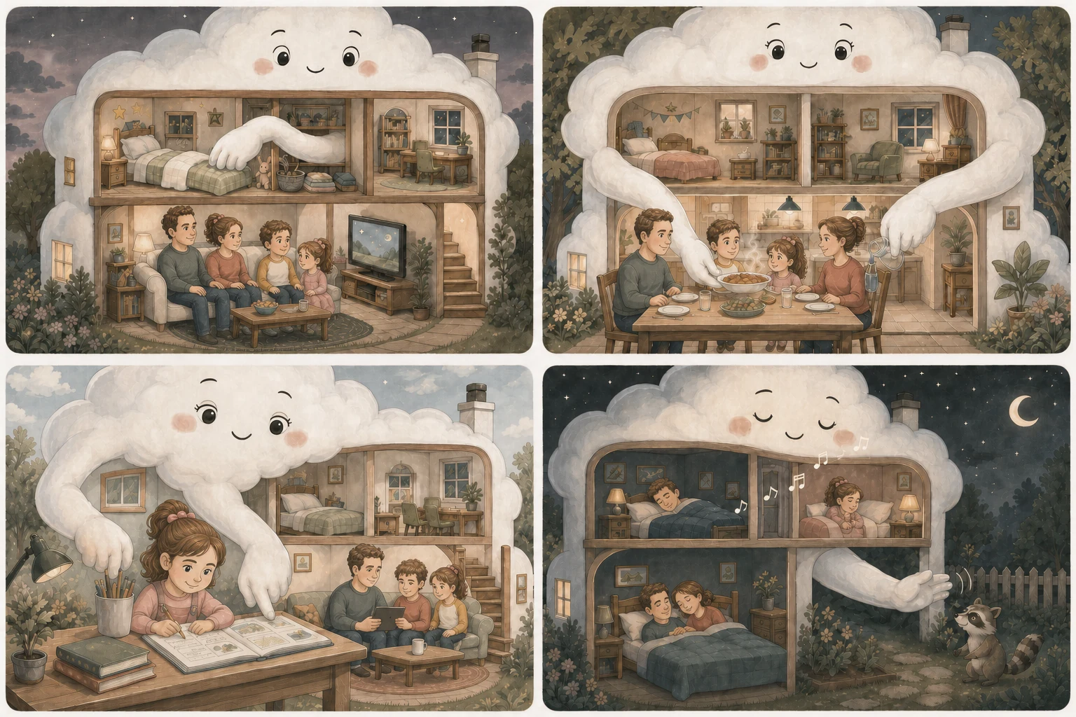 A four-panel storybook illustration of a caring cloud-shaped home helping a family with tidying, meals, homework, bedtime, and safety