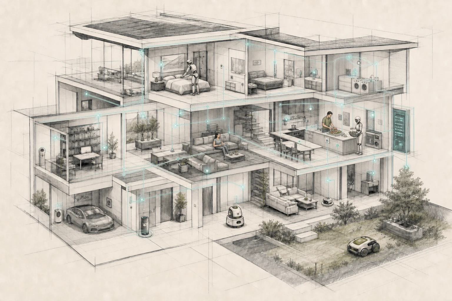 A whole-home architectural sketch showing rooms, residents, robots, and connected devices